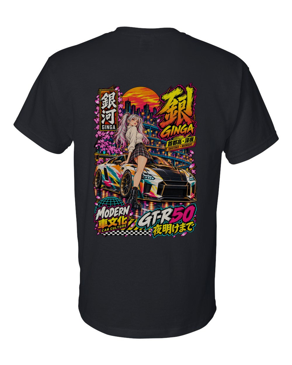 GINGA GT-R50 full-back artwork black t-shirt back view with the design