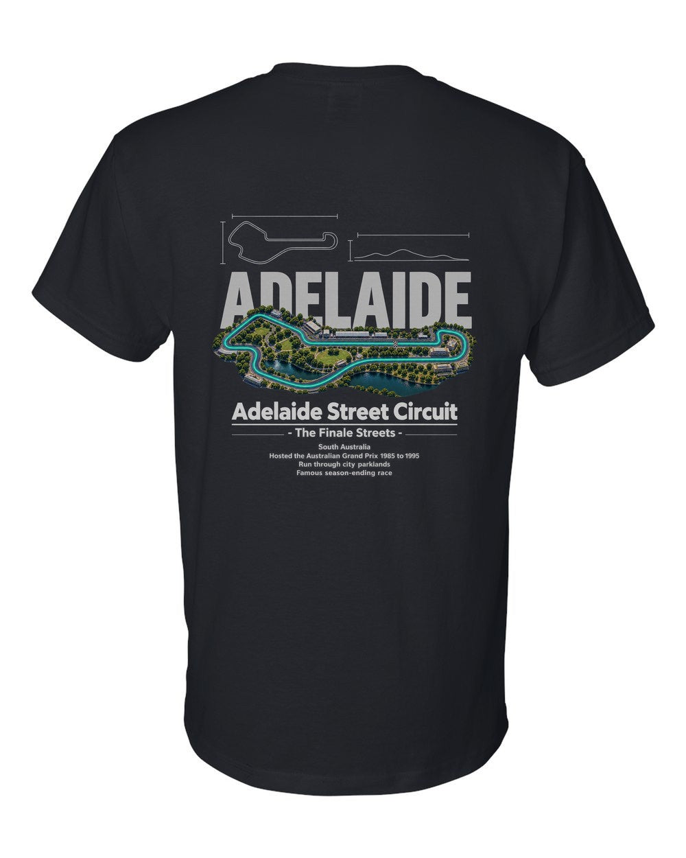 Adelaide Street Circuit black t-shirt back view with the design
