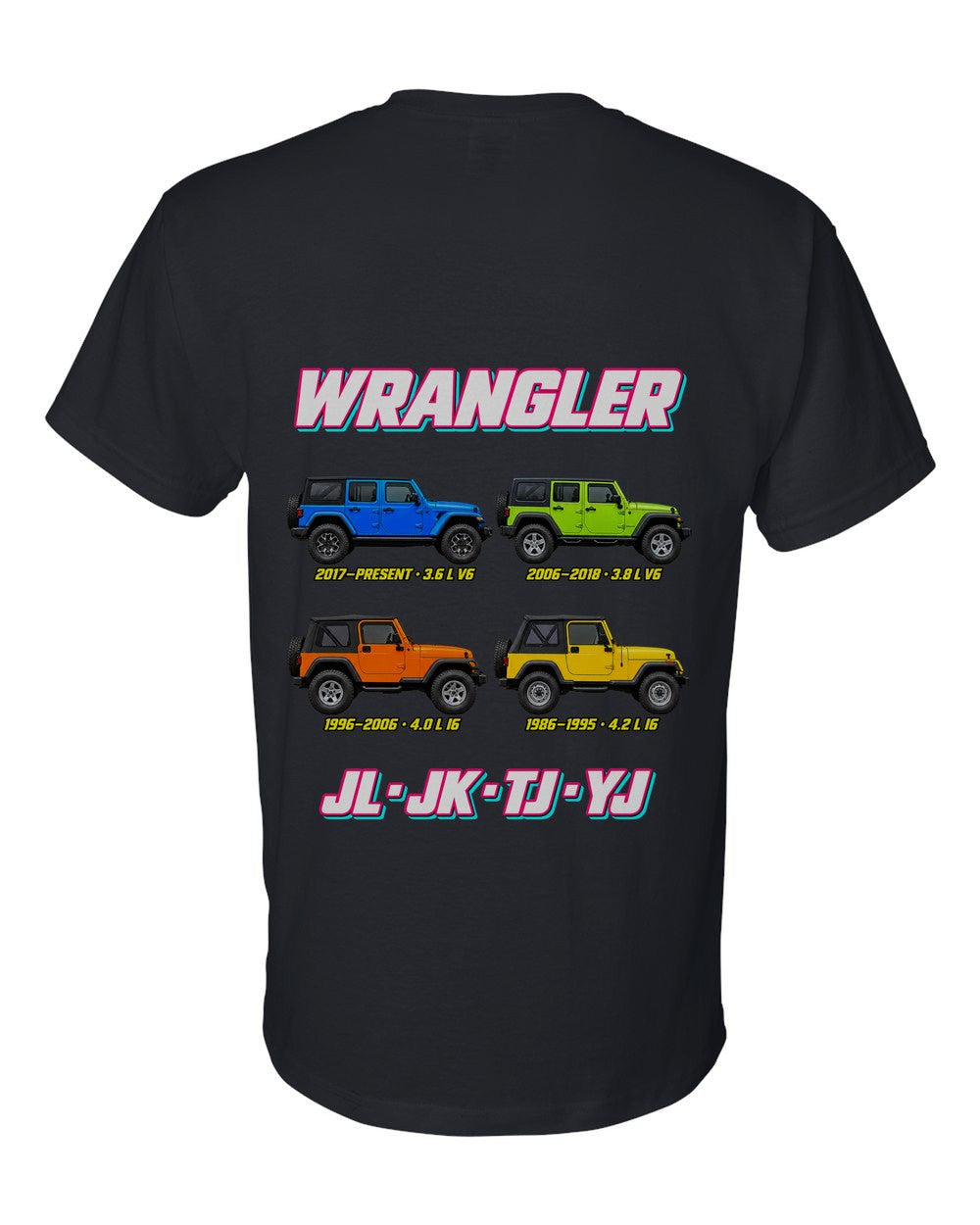 Jeep Wrangler evolution poster black t-shirt back view with the design