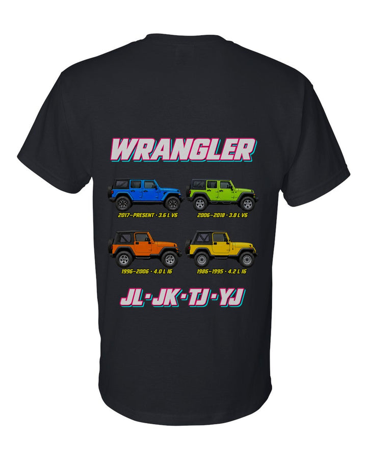 Jeep Wrangler evolution poster black t-shirt back view with the design