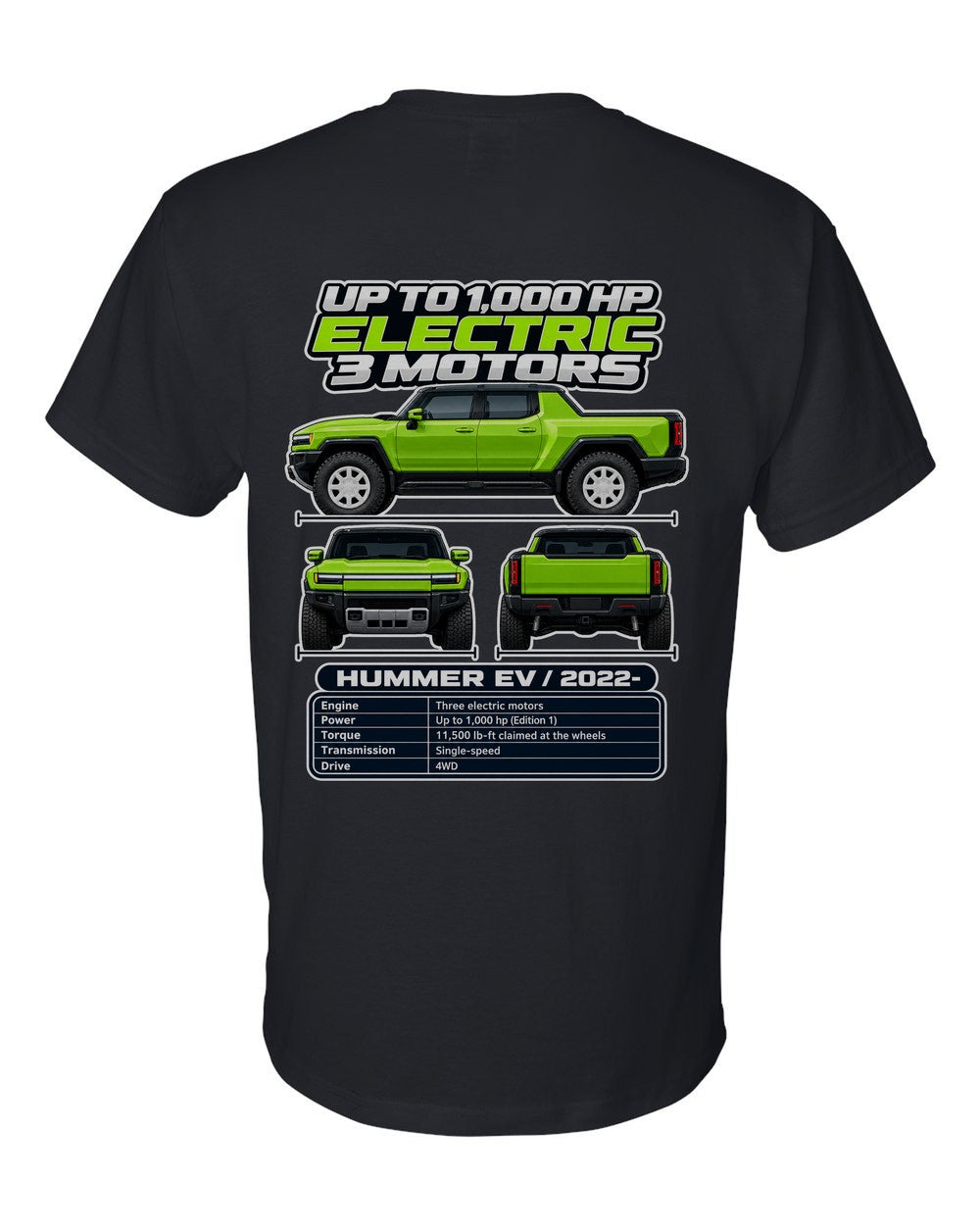 GMC Hummer Ev spec sheet black t-shirt back view with the design