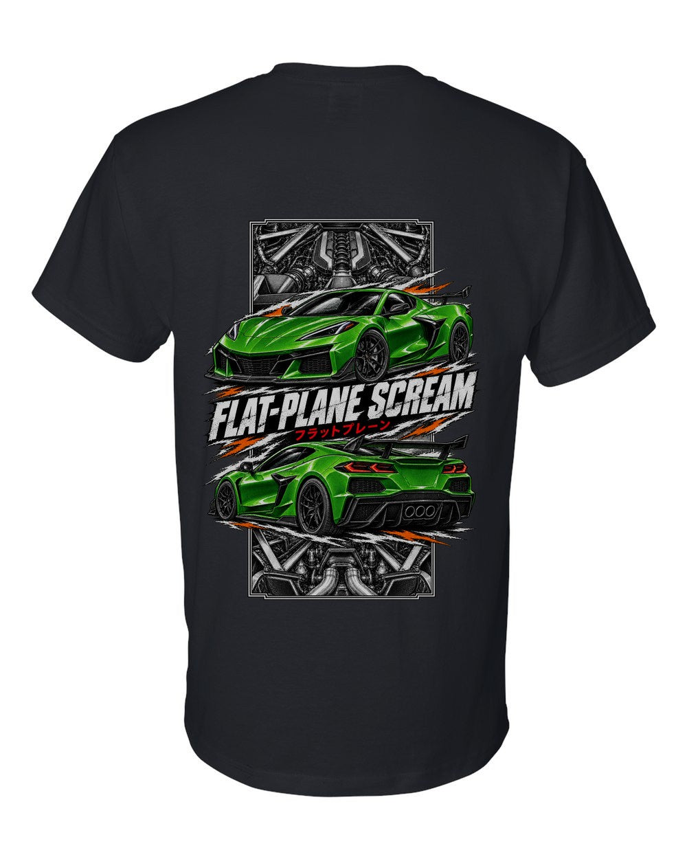 Corvette C8 Z06 torn poster black t-shirt back view with the design