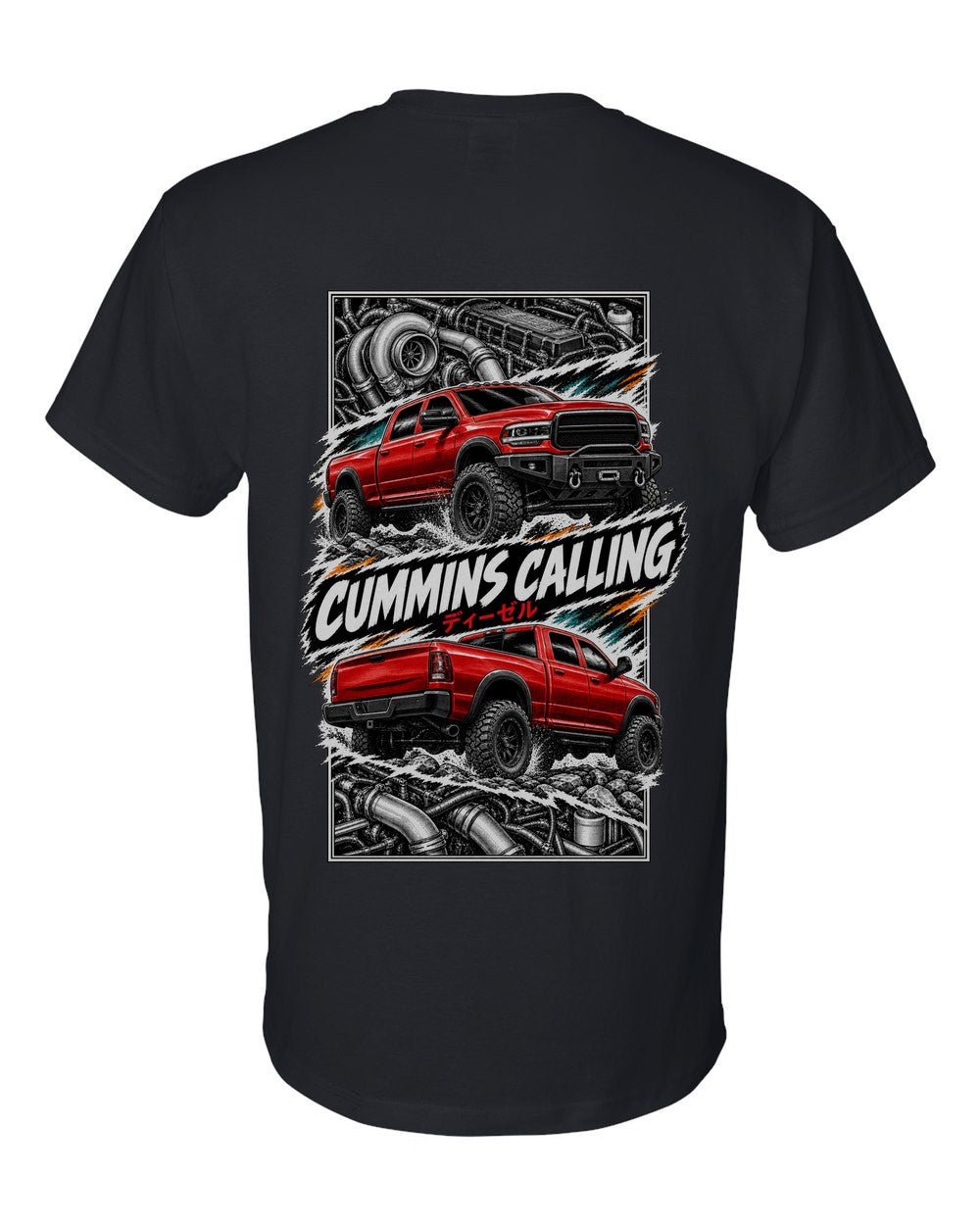 RAM Cummins torn poster black t-shirt back view with the design