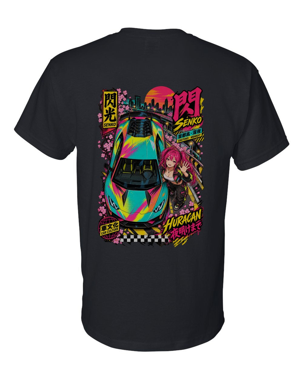 SENKO HURACAN full-back artwork black t-shirt back view with the design