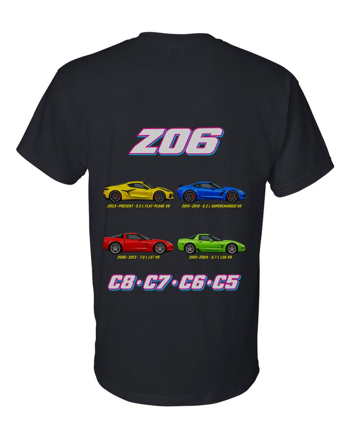 Corvette Z06 evolution poster black t-shirt back view with the design