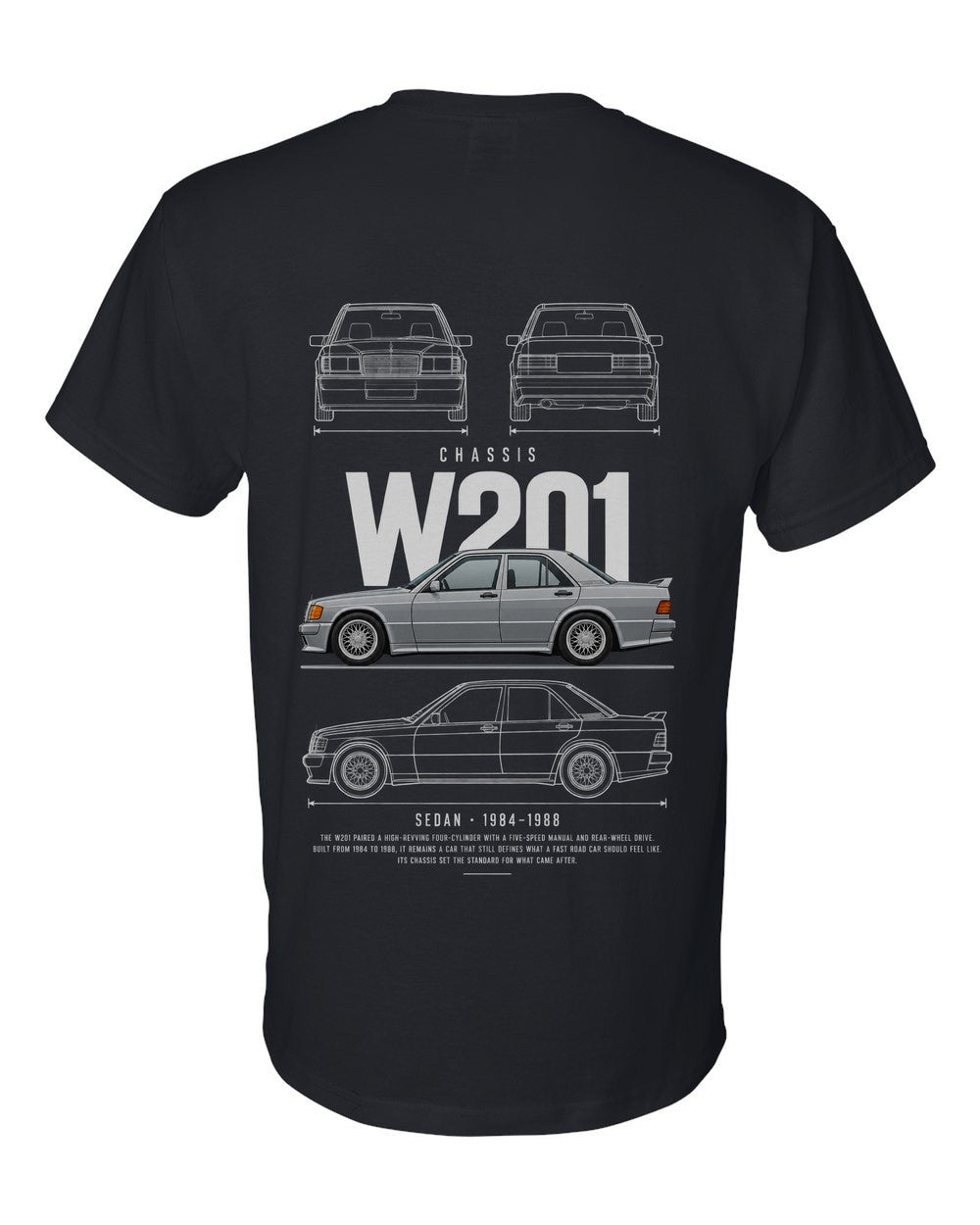 W201 full-back artwork black t-shirt back view with the design