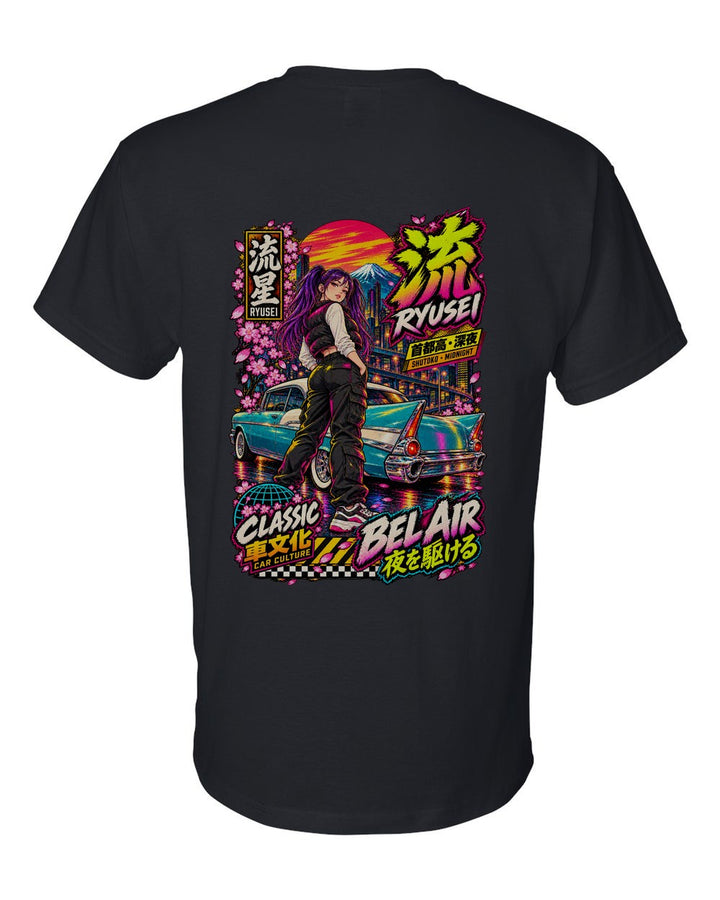 RYUSEI BEL AIR full-back artwork black t-shirt back view with the design