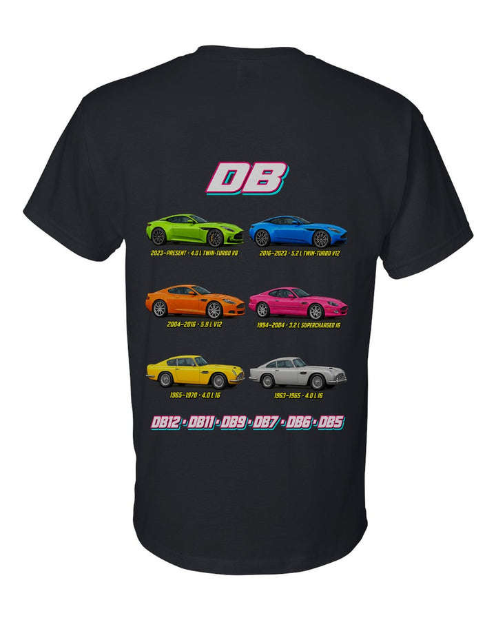 Aston Martin DB evolution poster black t-shirt back view with the design