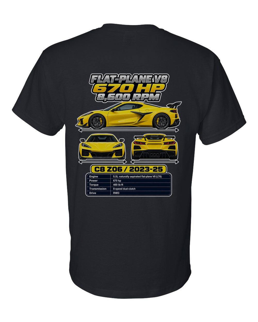 Chevrolet Corvette C8 Z06 spec sheet black t-shirt back view with the design