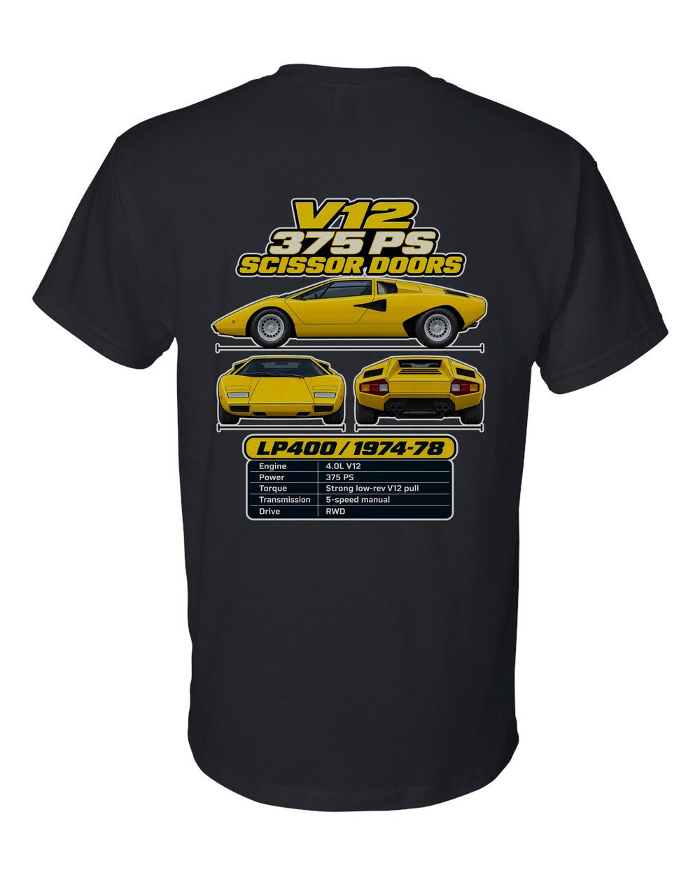 Lamborghini Countach Lp400 spec sheet black t-shirt back view with the design