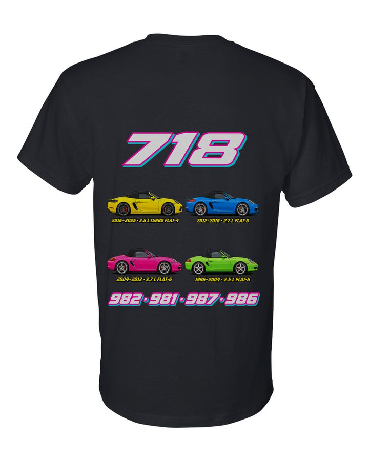 Porsche Boxster 718 evolution poster black t-shirt back view with the design