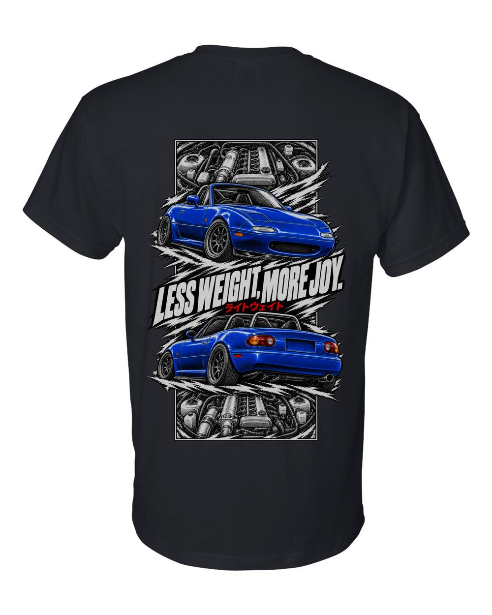 Mazda MX-5 Miata Na torn poster black t-shirt back view with the design