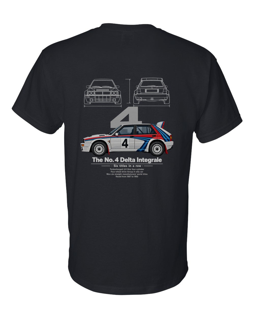 No. 4 Delta Integrale black t-shirt back view with the design
