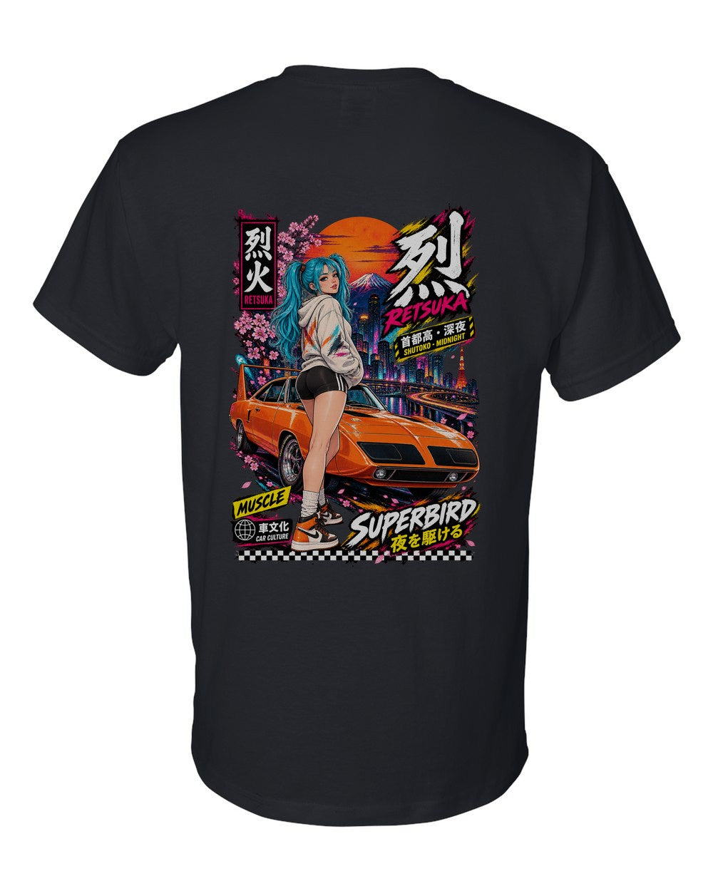 RETSUKA SUPERBIRD full-back artwork black t-shirt back view with the design