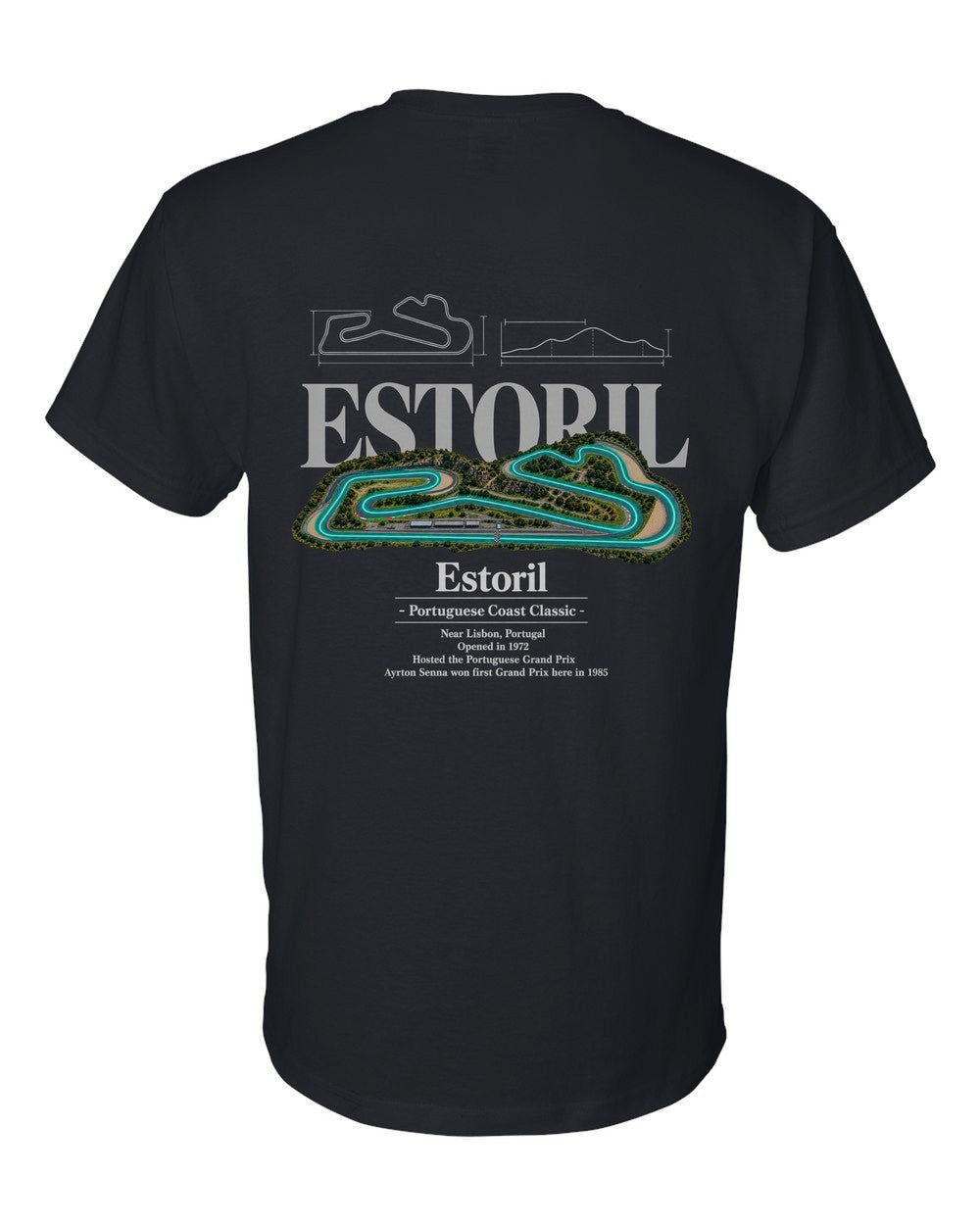 Estoril black t-shirt back view with the design