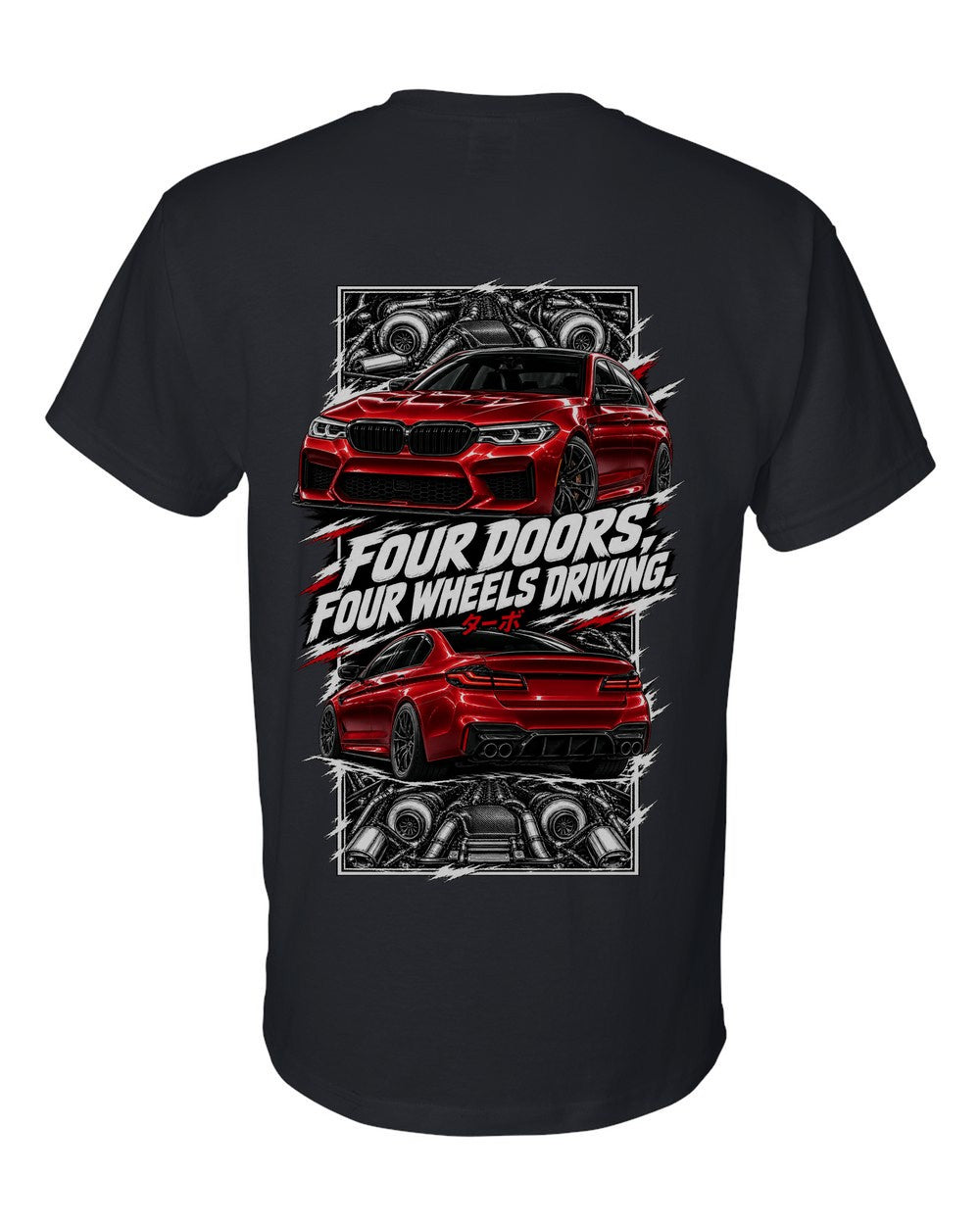 BMW F90 M5 torn poster black t-shirt back view with the design