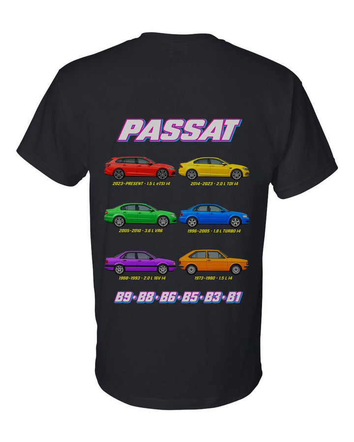 VW Passat evolution poster black t-shirt back view with the design