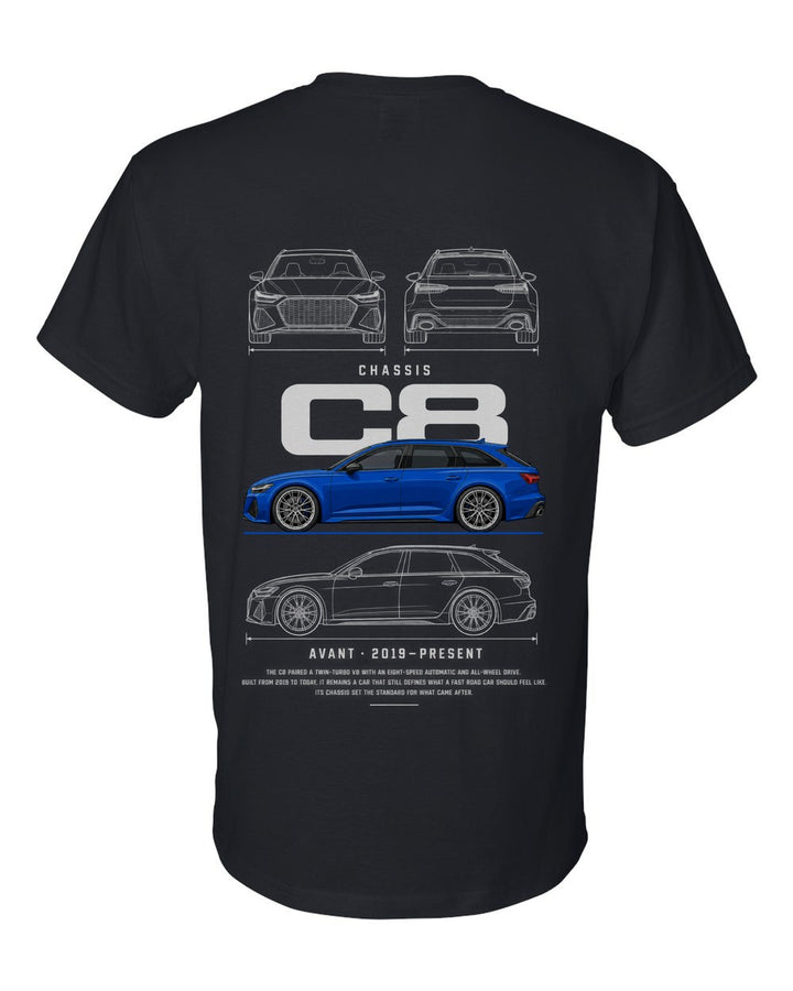 C8 full-back artwork black t-shirt back view with the design
