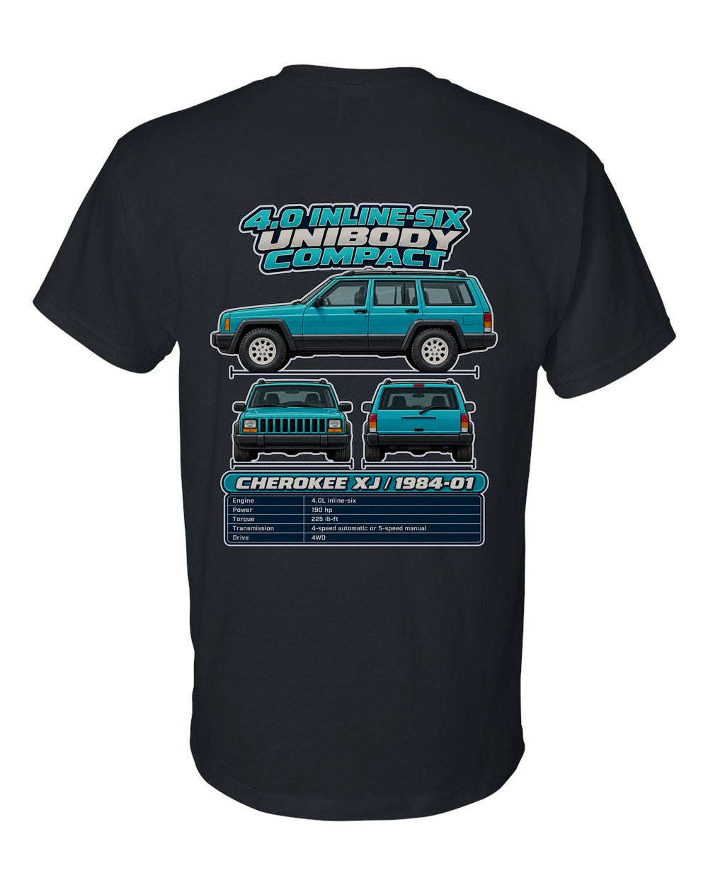 Jeep Cherokee Xj spec sheet black t-shirt back view with the design