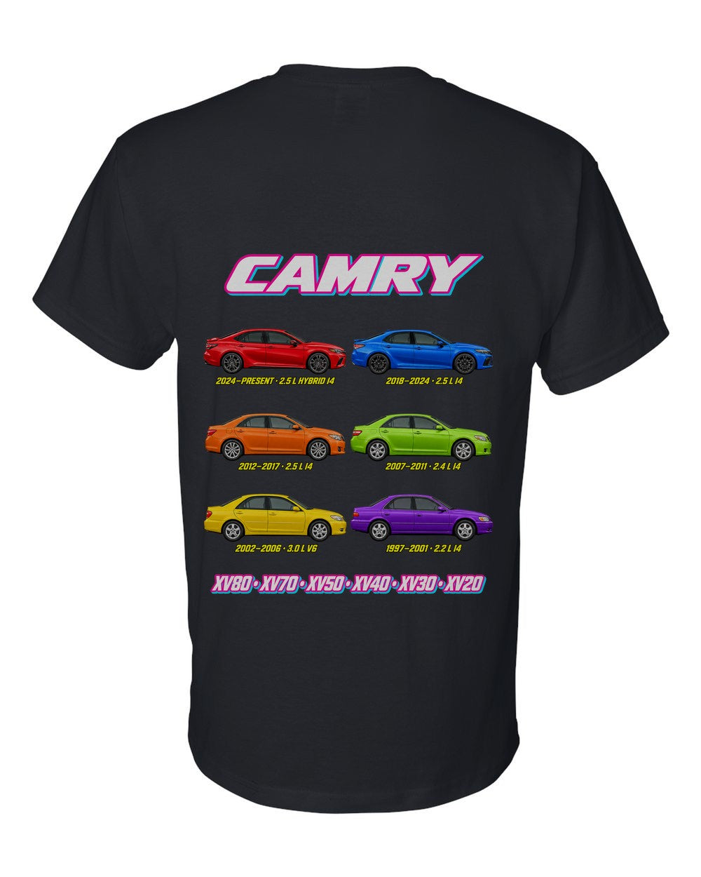 Toyota Camry evolution poster black t-shirt back view with the design