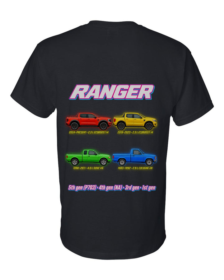 Ford Ranger evolution poster black t-shirt back view with the design