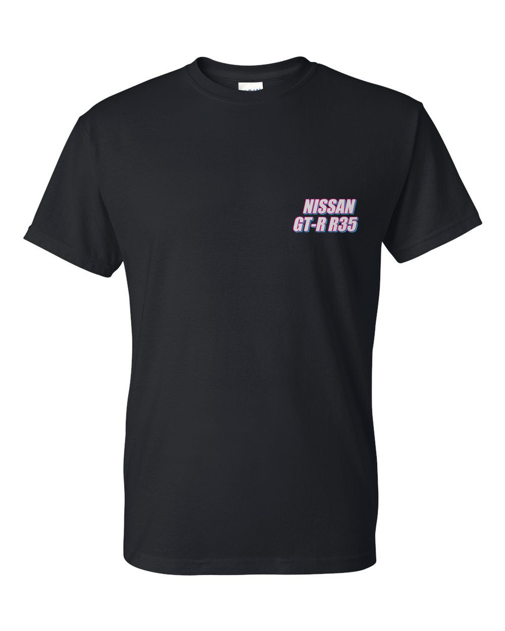 black t-shirt front view with car name on pocket