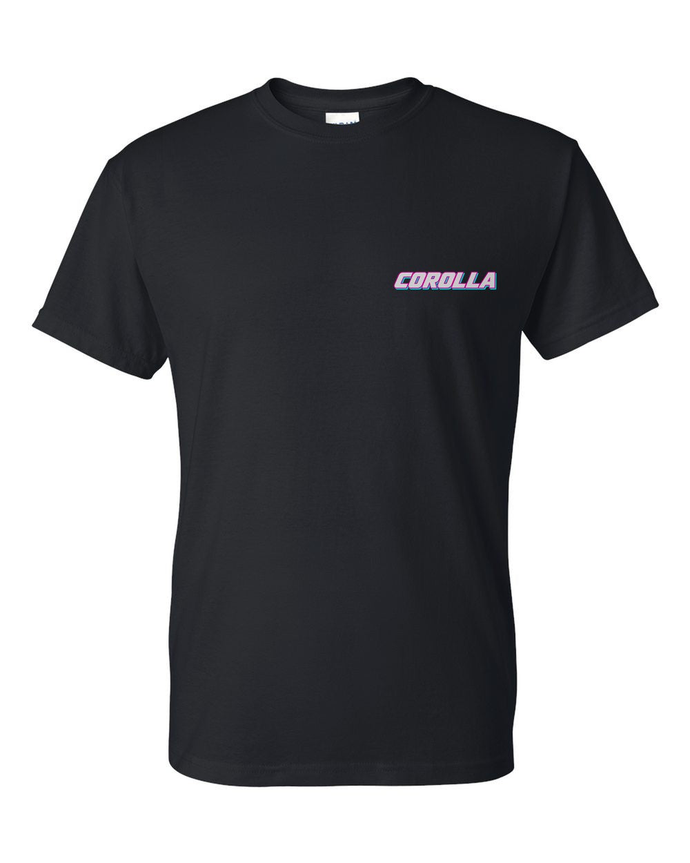 black t-shirt front view with car name on pocket
