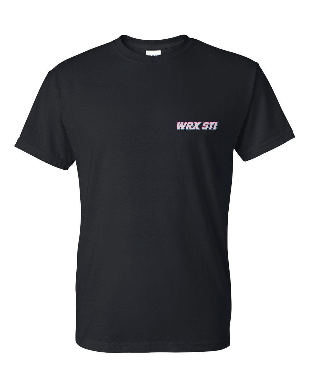 black t-shirt front view with car name on pocket