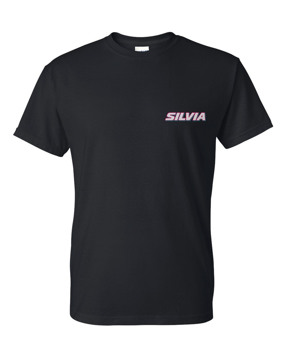 black t-shirt front view with car name on pocket