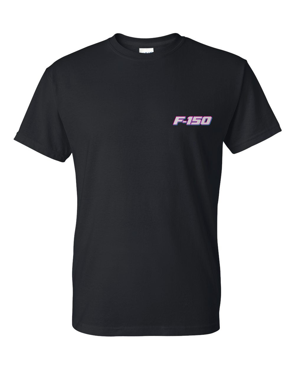 black t-shirt front view with car name on pocket