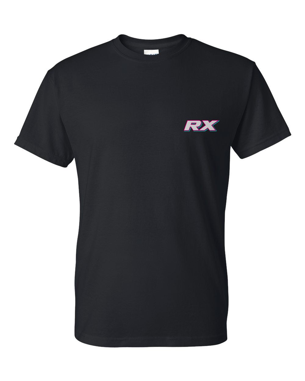 black t-shirt front view with car name on pocket