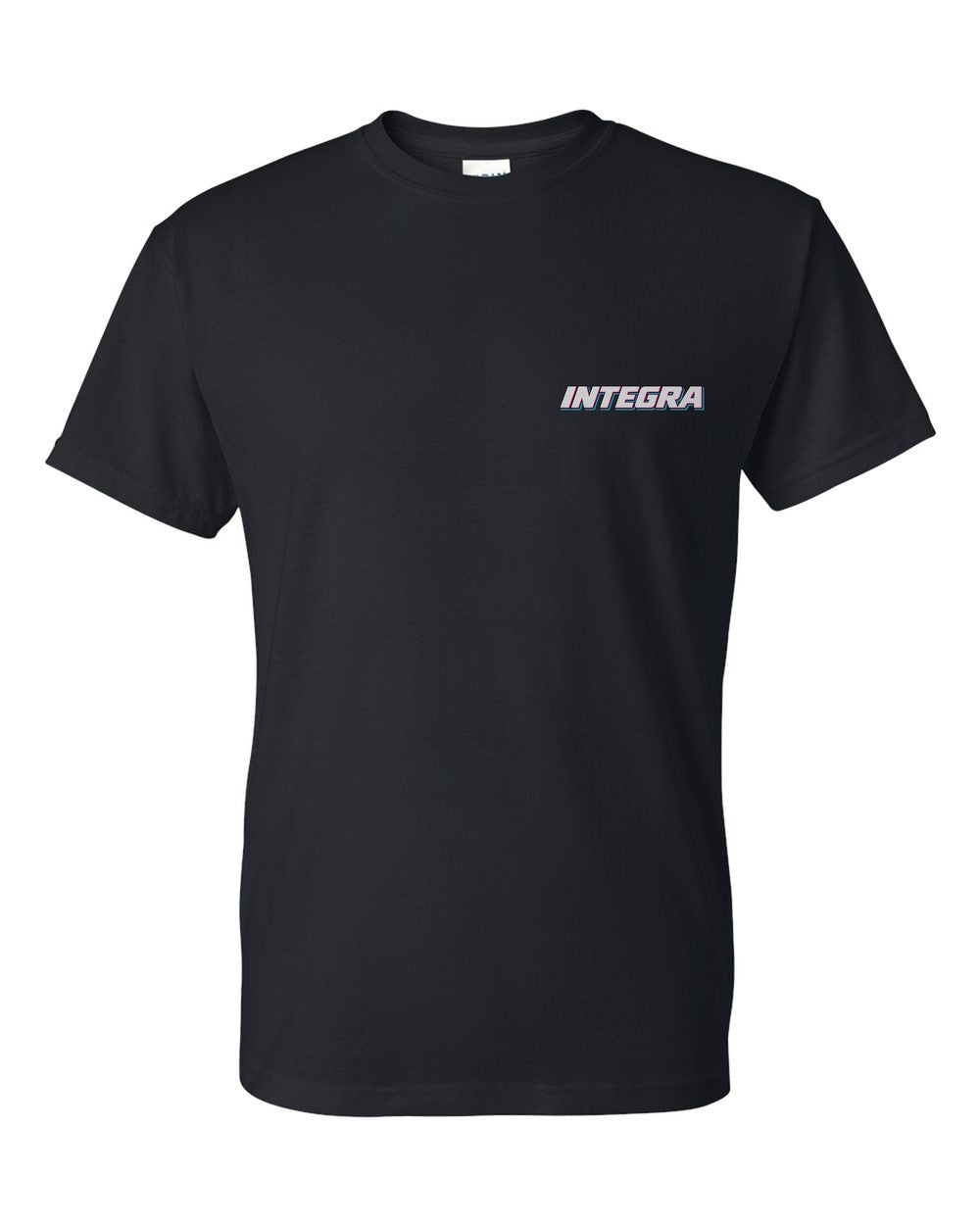 black t-shirt front view with car name on pocket