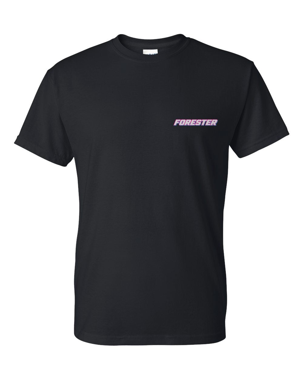 black t-shirt front view with car name on pocket