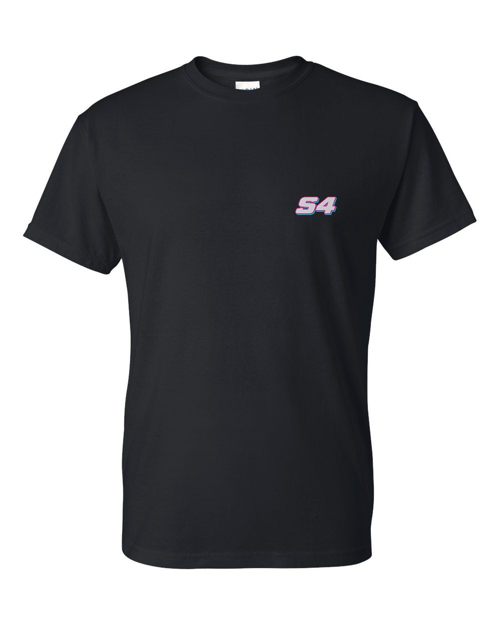 black t-shirt front view with car name on pocket