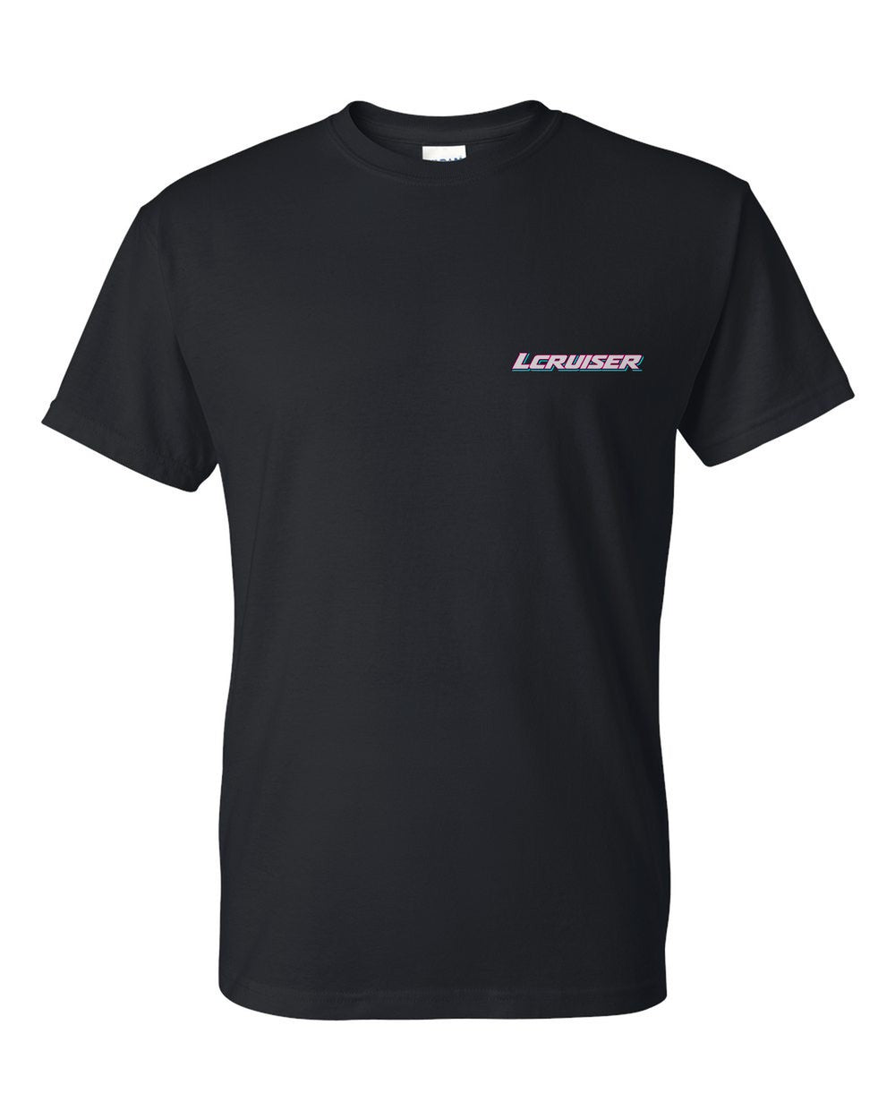 black t-shirt front view with car name on pocket