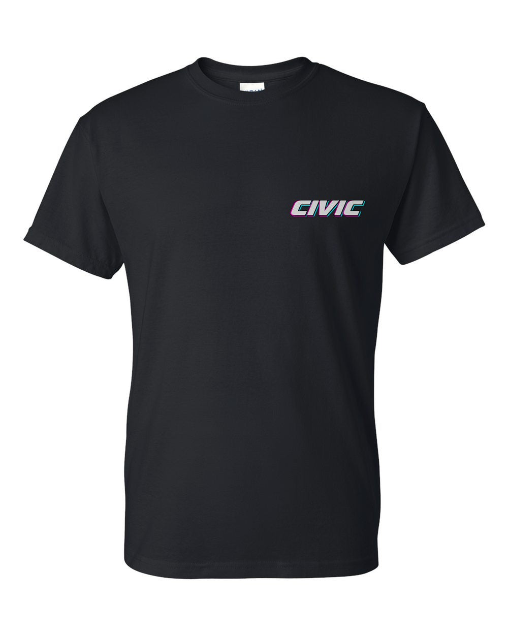 black t-shirt front view with car name on pocket
