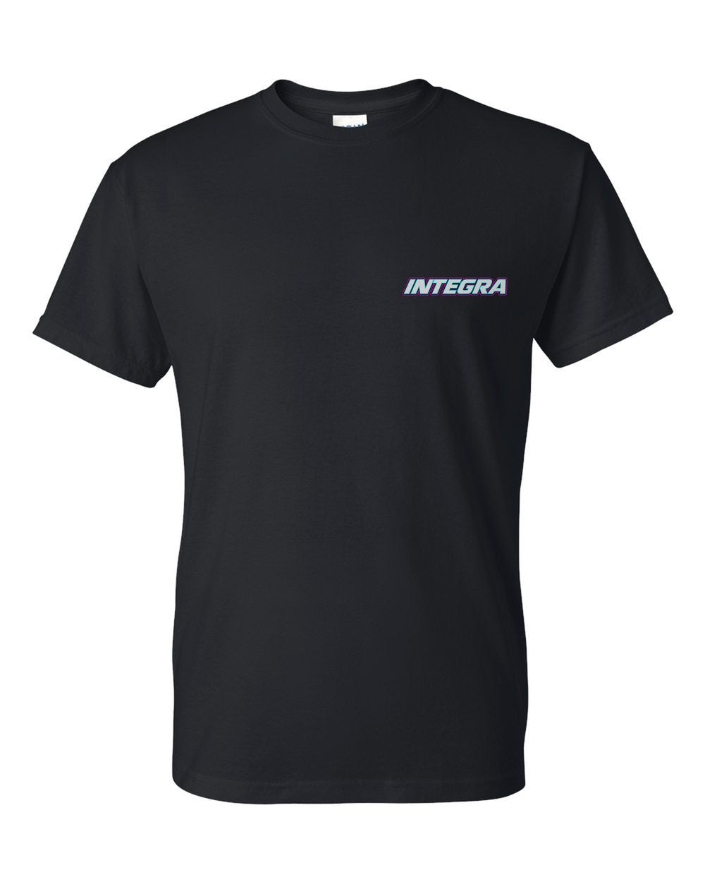 black t-shirt front view with car name on pocket