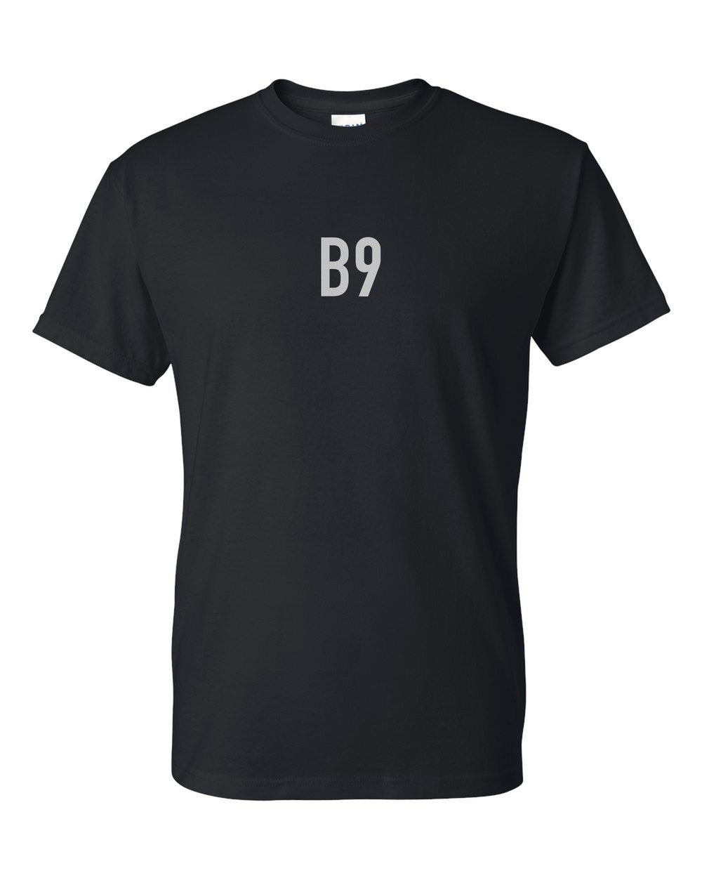 black t-shirt front view with small code mark