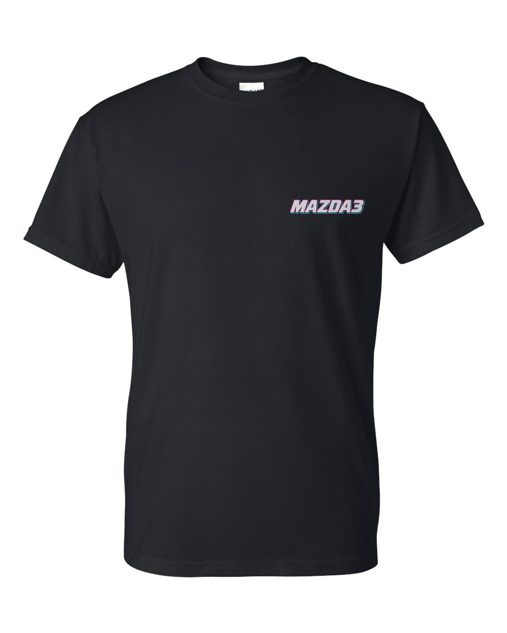 black t-shirt front view with car name on pocket