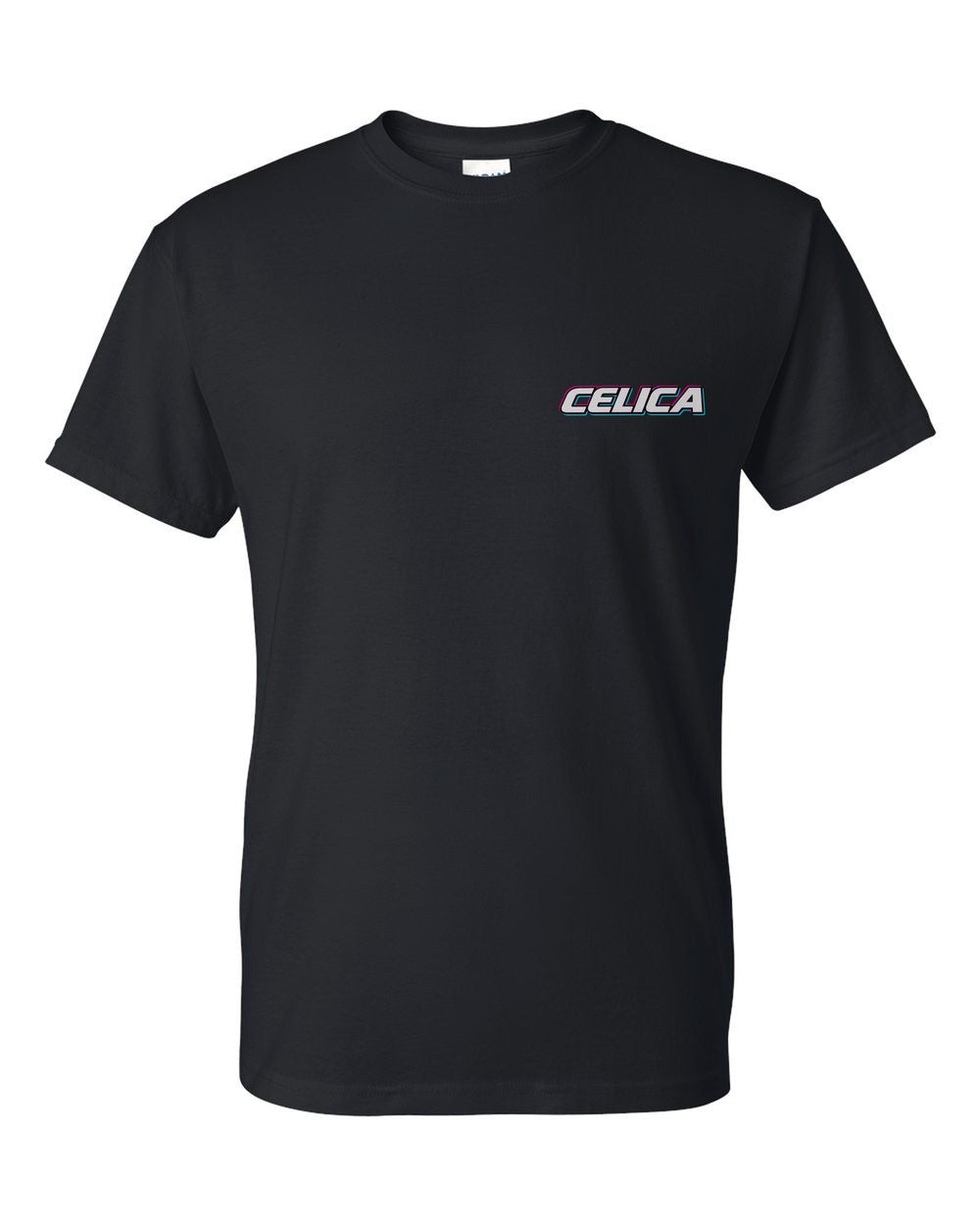 black t-shirt front view with car name on pocket