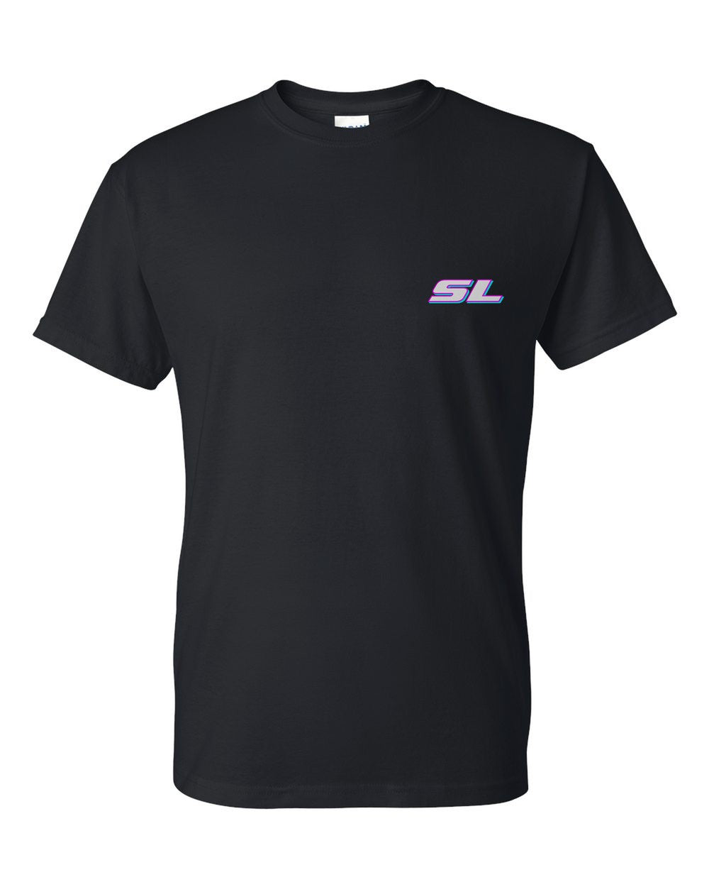 black t-shirt front view with car name on pocket