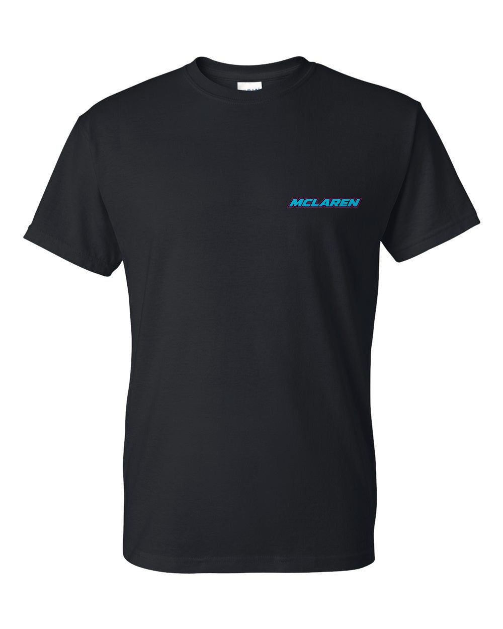 black t-shirt front view with car name on pocket