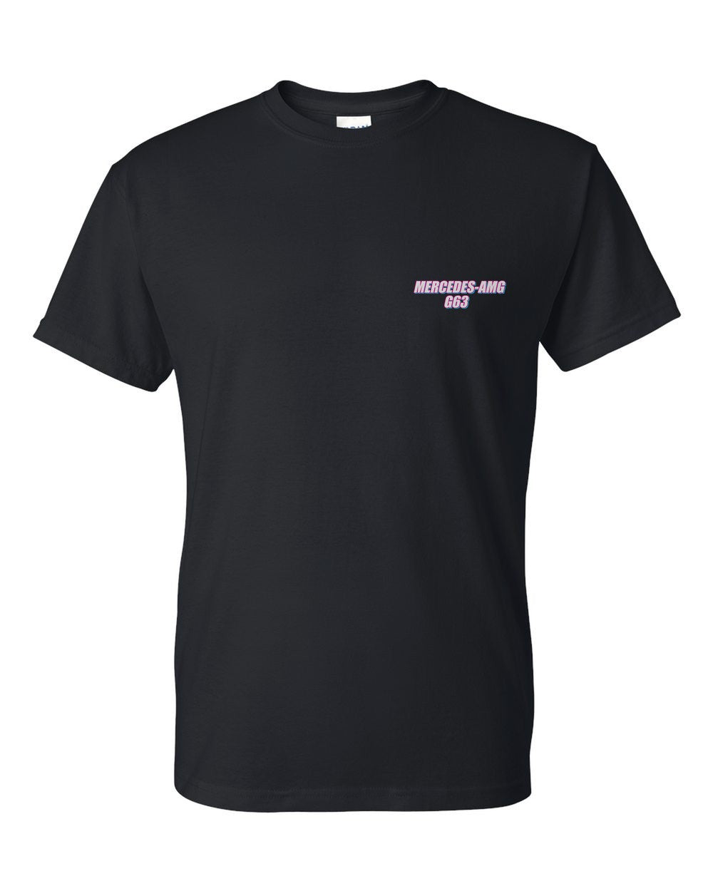 black t-shirt front view with car name on pocket