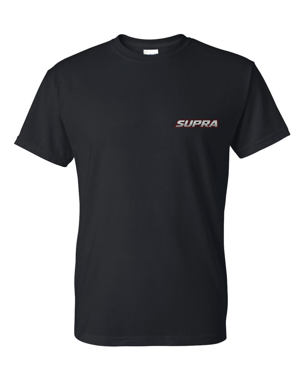 black t-shirt front view with car name on pocket