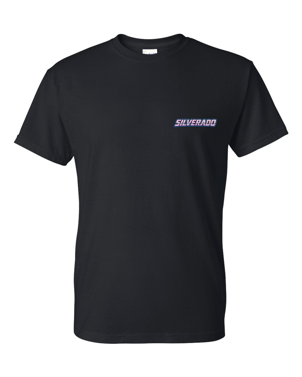 black t-shirt front view with car name on pocket