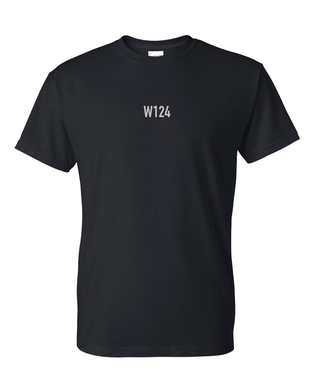 black t-shirt front view with small code mark