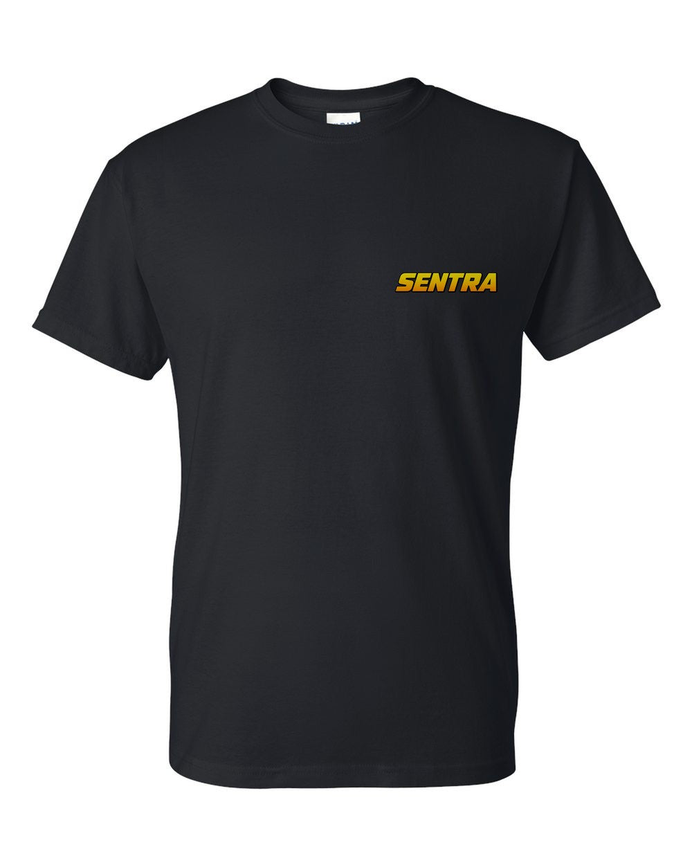 black t-shirt front view with car name on pocket