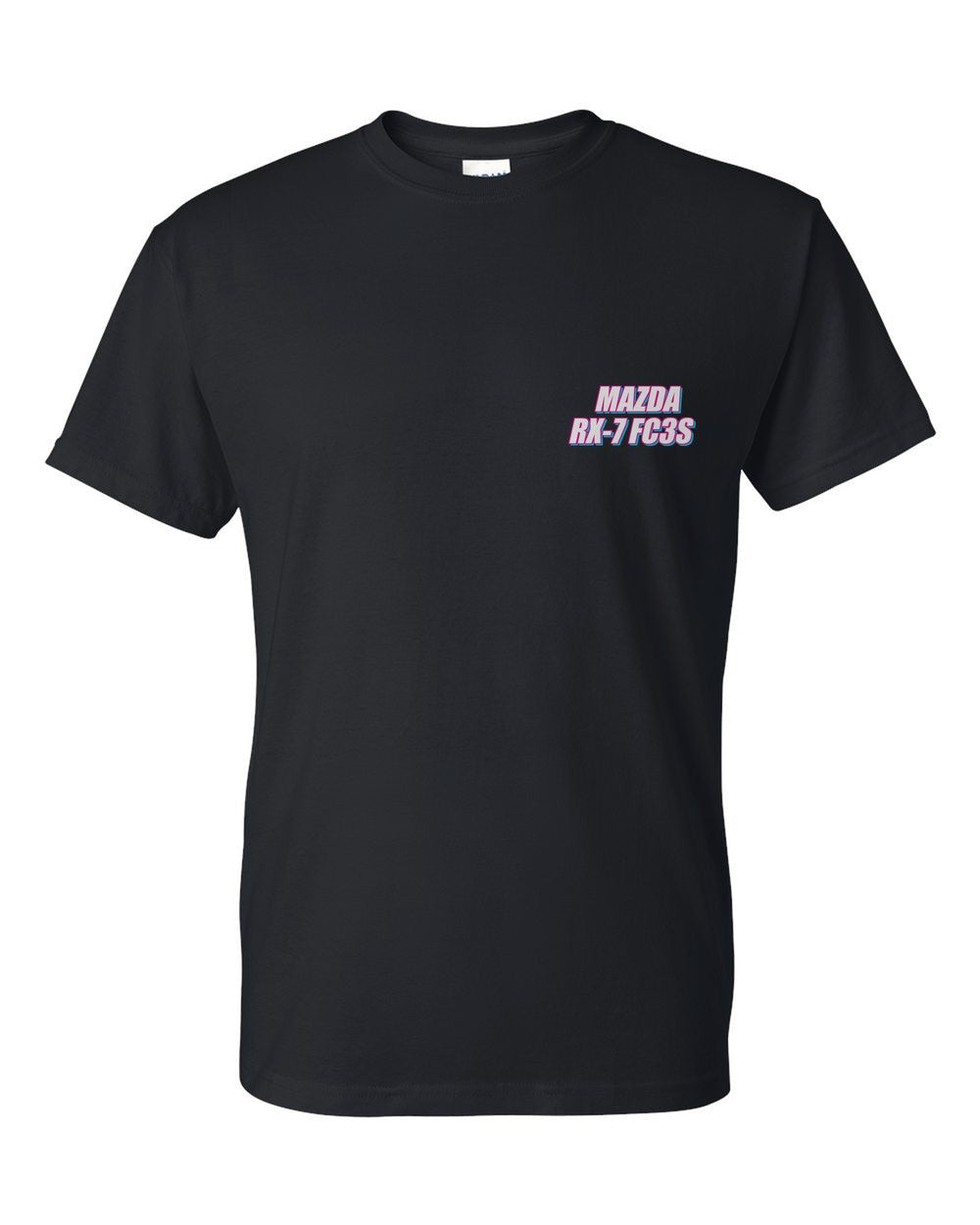 black t-shirt front view with car name on pocket