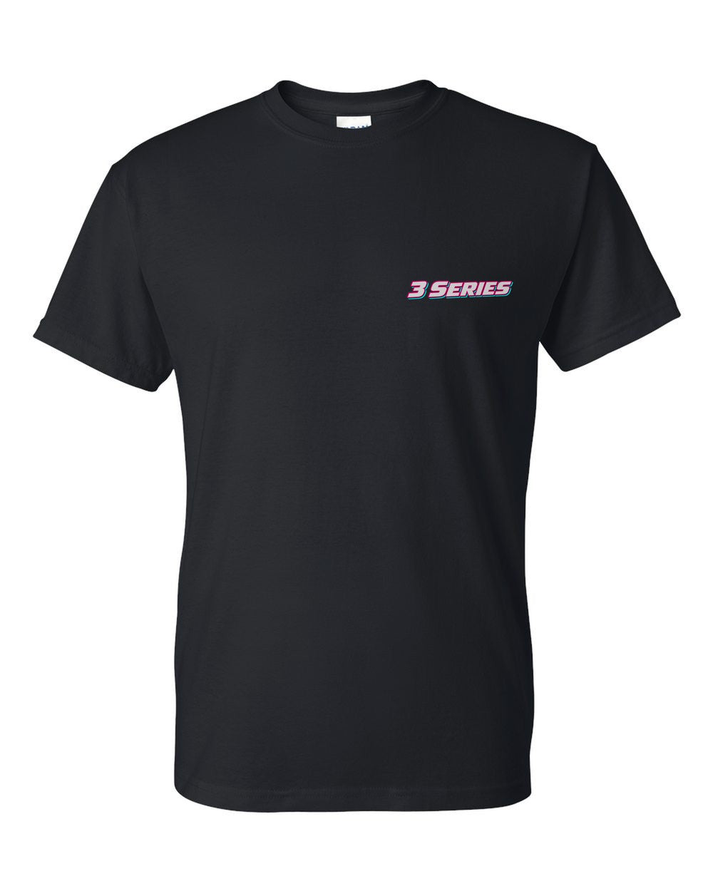black t-shirt front view with car name on pocket