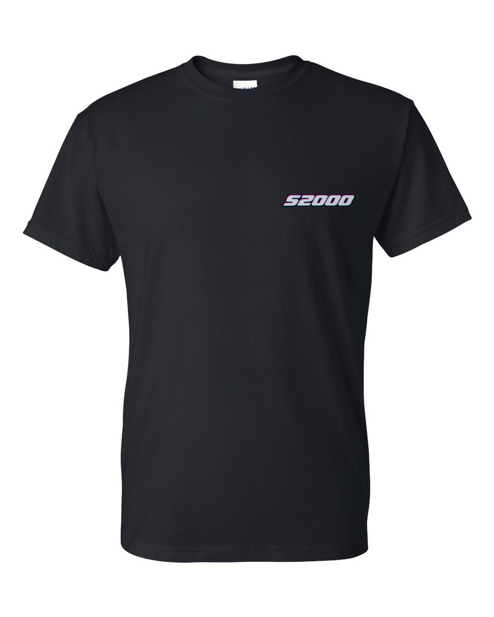 black t-shirt front view with car name on pocket